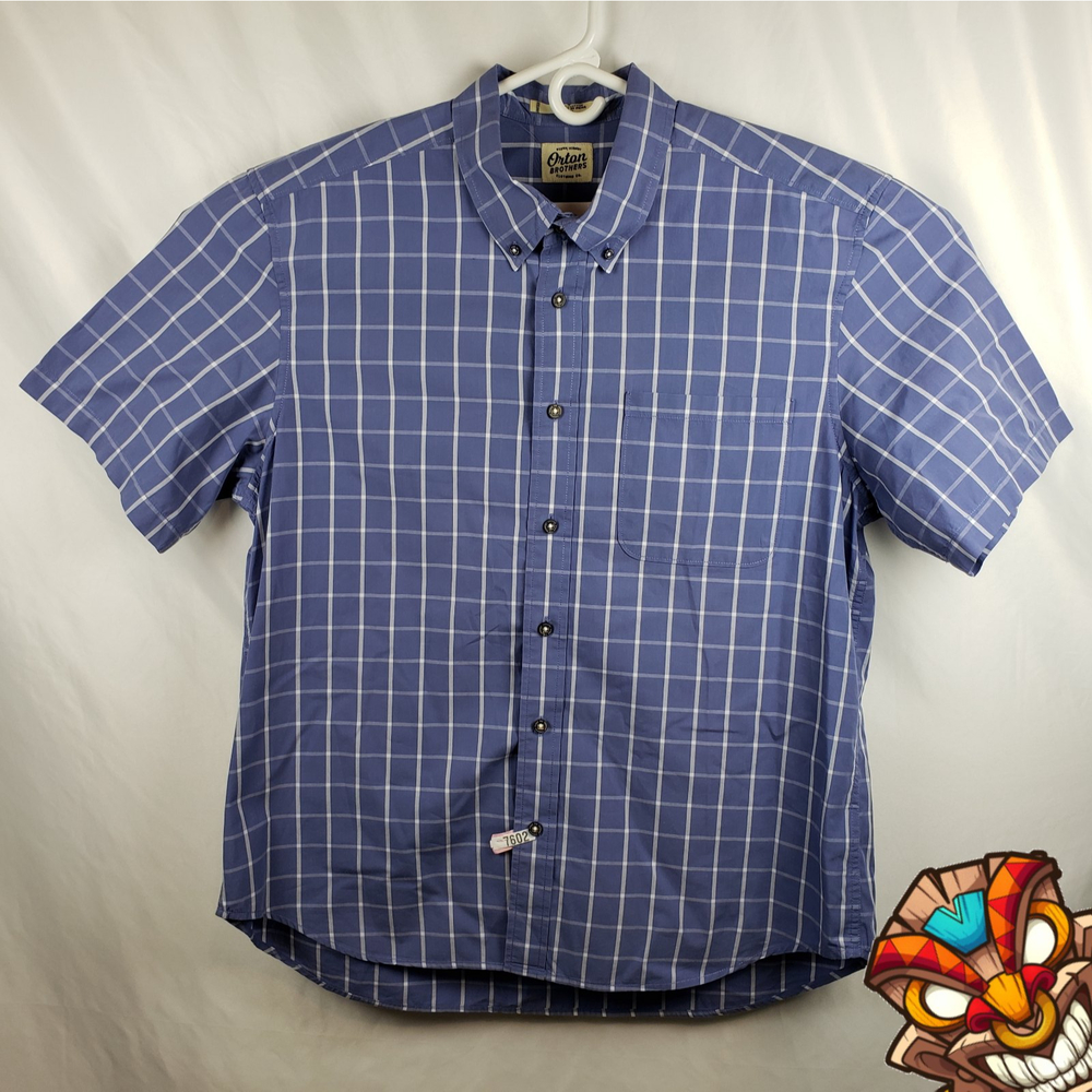 Orton Brothers Mens XL Cotton Button Down Shirt Blue White Check Short Sleeve